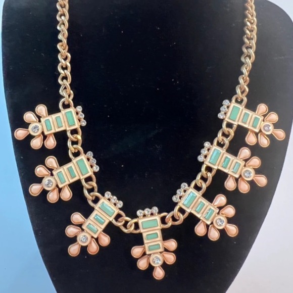 Plunder Design Jewelry - Plunder Design Gold Tone Mint Green Peach Statement Bib Necklace Rhinestone